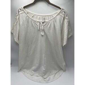 St Johns Bay Womens XXL White Crochet Lace Shoulder Tie Neck Slub Knit Top